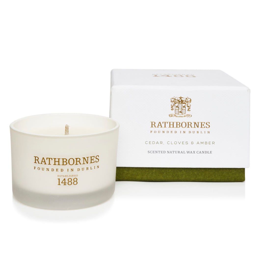 Hand-poured Rathbornes cedar clove candle made in Dublin