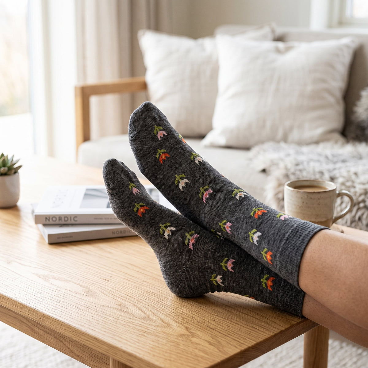 Bengt Lotta Tulip Socks Grey Close Up Showing Multicolor Tulip Motif Orange Pink White