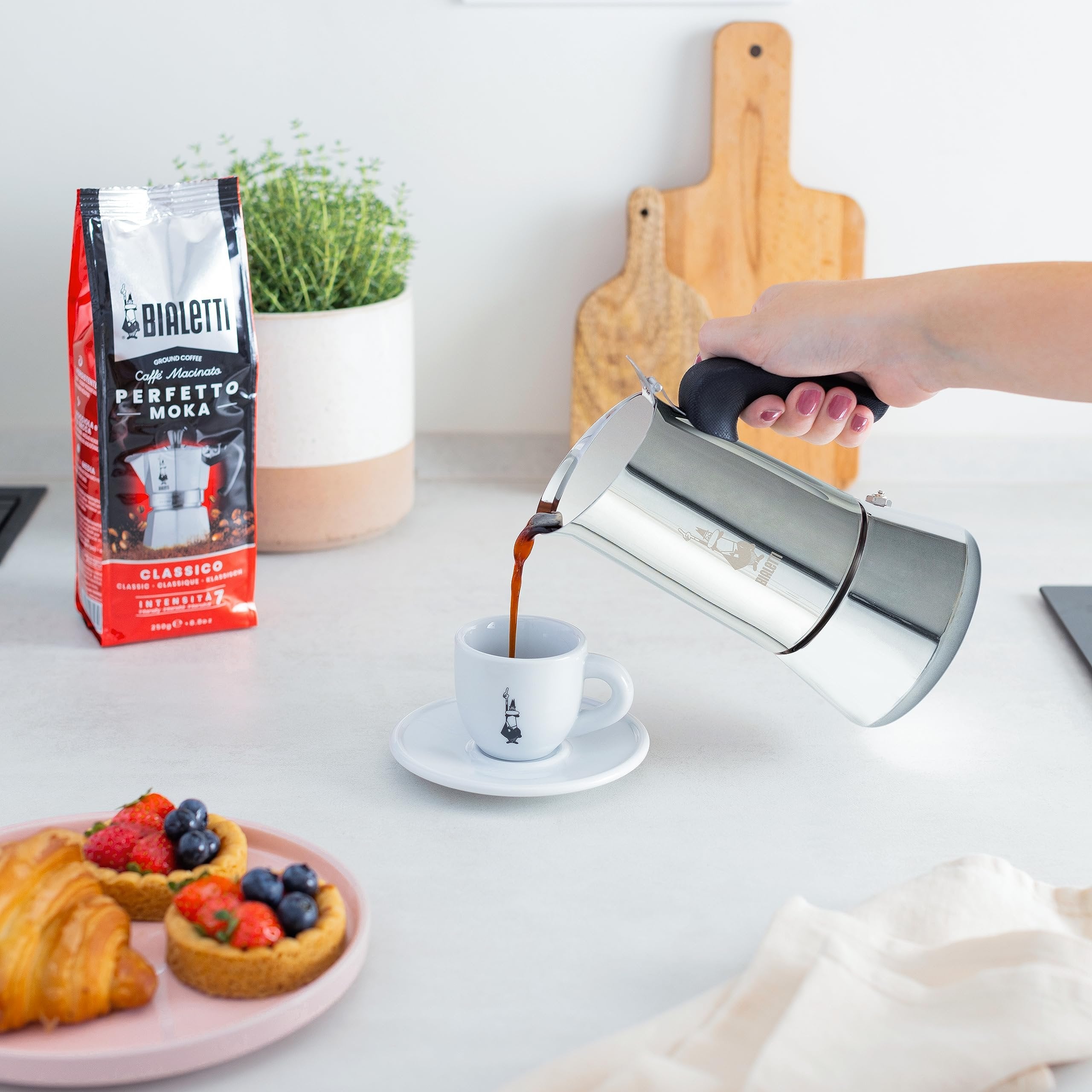Bialetti Venus Induction silver espresso maker on stovetop – Italian stainless steel Moka pot all hobs