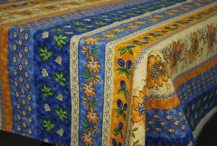 Le Cluny French Provence Tablecloth, 60" x 96" Monaco Blue, Rectangular Coated Cotton Easy Care