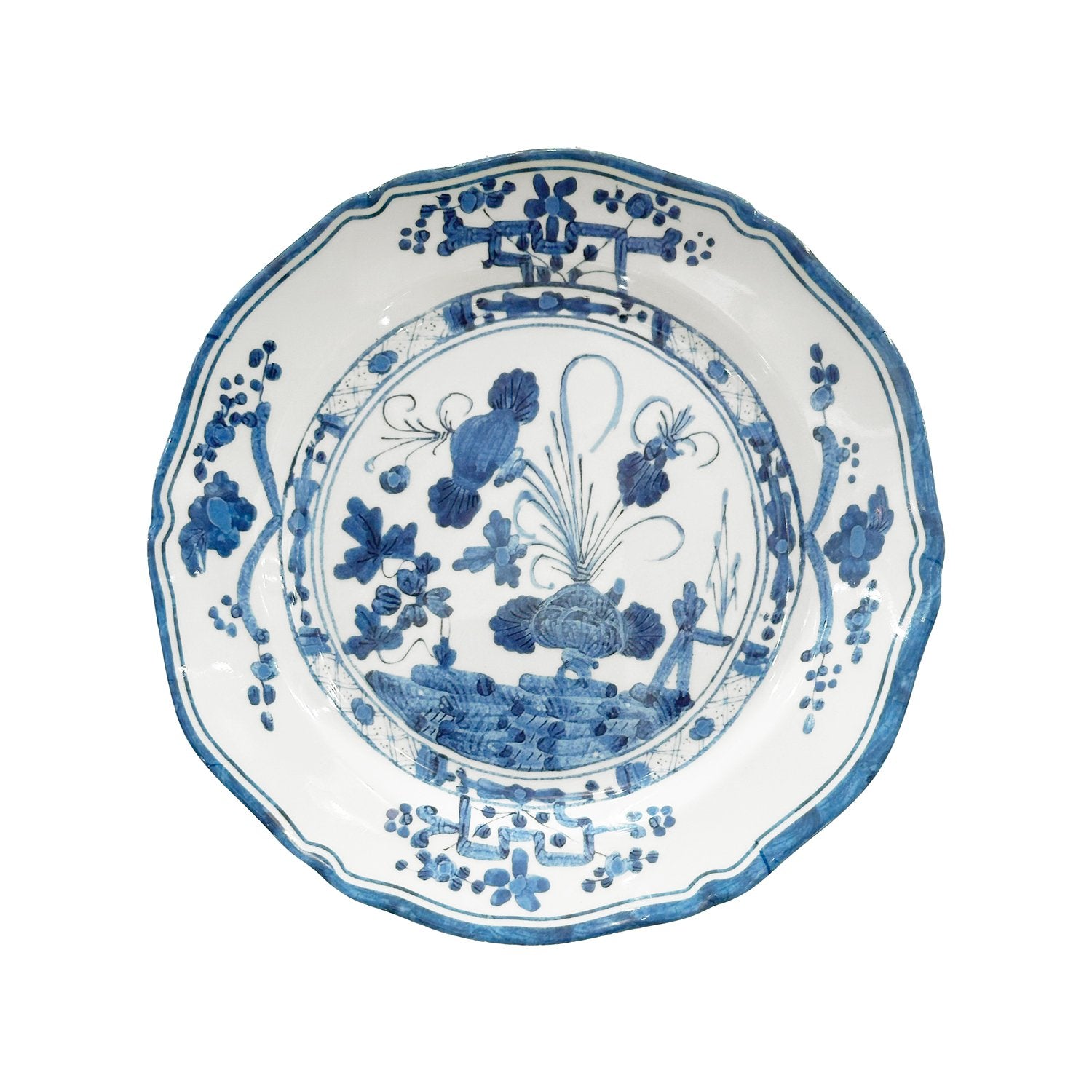 Beatriz Ball VIDA Faenza white blue melamine salad plate close-up blue pattern rim