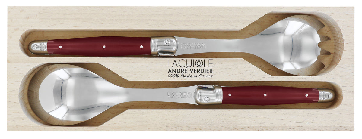 André Verdier Laguiole salad servers close-up cherry red handle bee emblem André Verdier trademark
