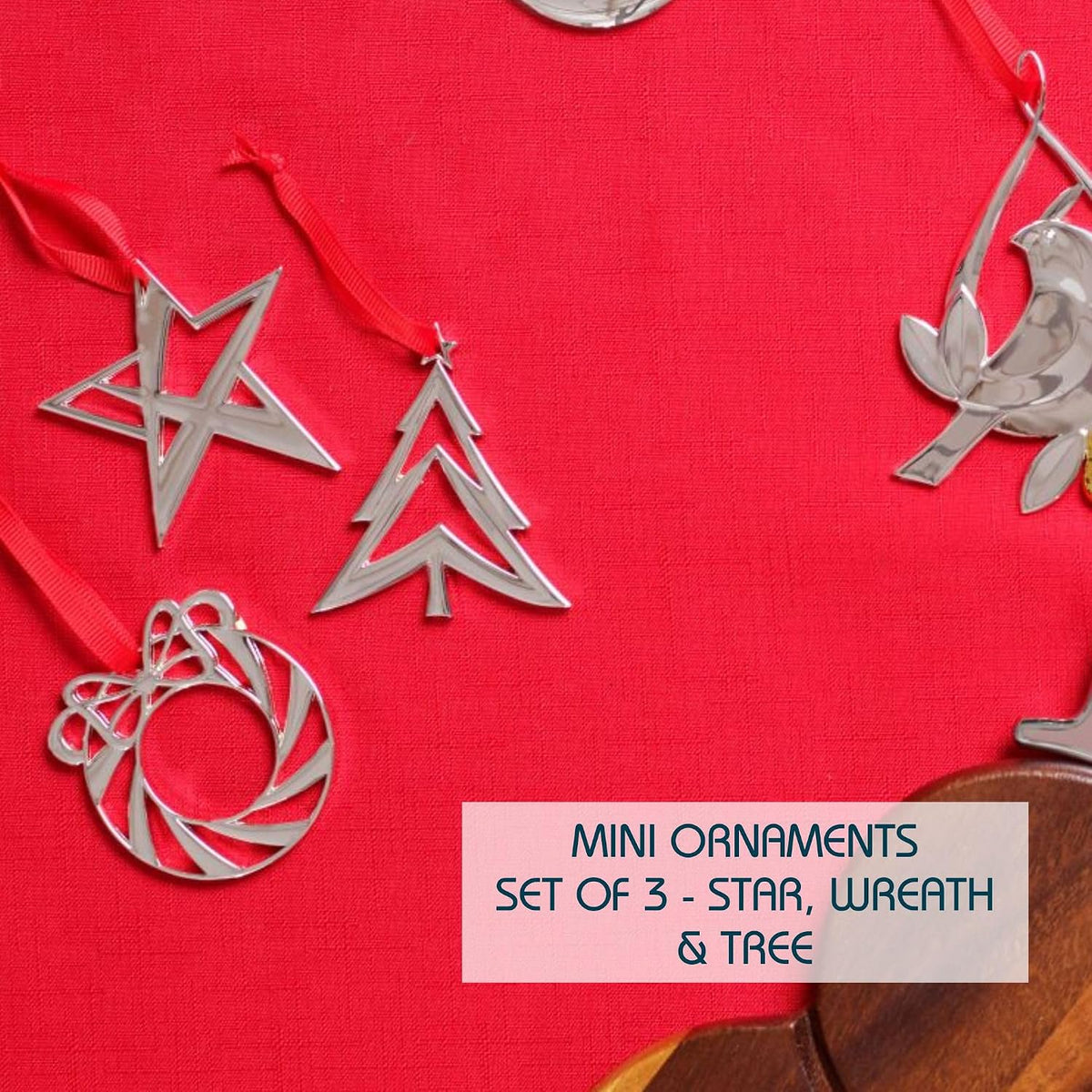 Nambé Mini Ornaments Silver Plated | Star, Wreath, Tree | Set of 3