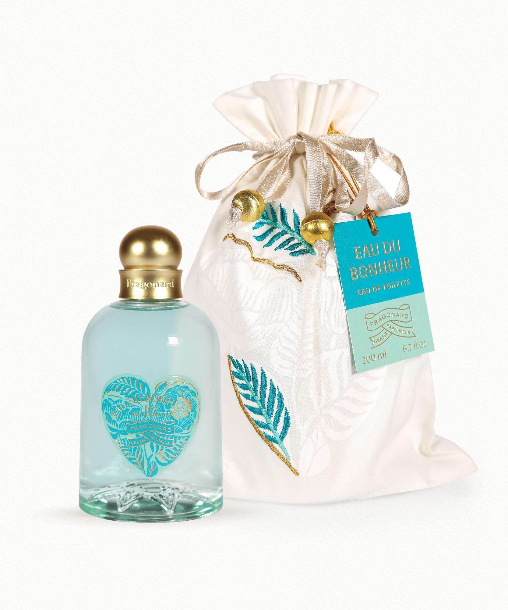 Fragonard Eau du Bonheur Eau de Toilette 200ml refillable bottle with organdie pouch