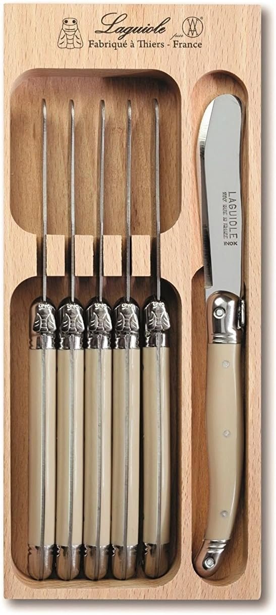Laguiole Andre Verdier Set of 6 Stainless Steel Butter Knives with Ivory Colored Handle in Wood Box