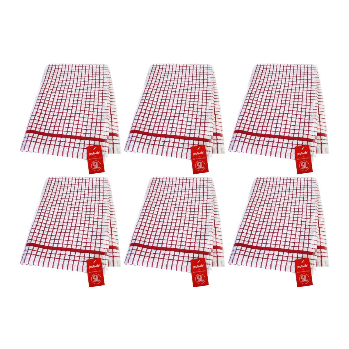 Poli-Dri Cotton Tea Towel Kitchen Linens 6-Pack White/Red by Samuel Lamont