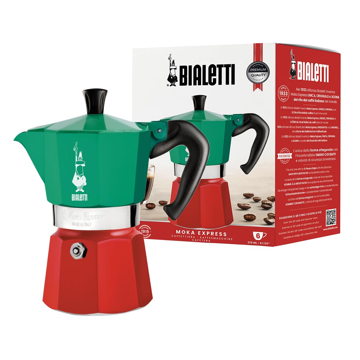 Bialetti Moka Express Italia Tricolore 6 cup stovetop espresso maker in Italian flag colors red white green – made in Italy