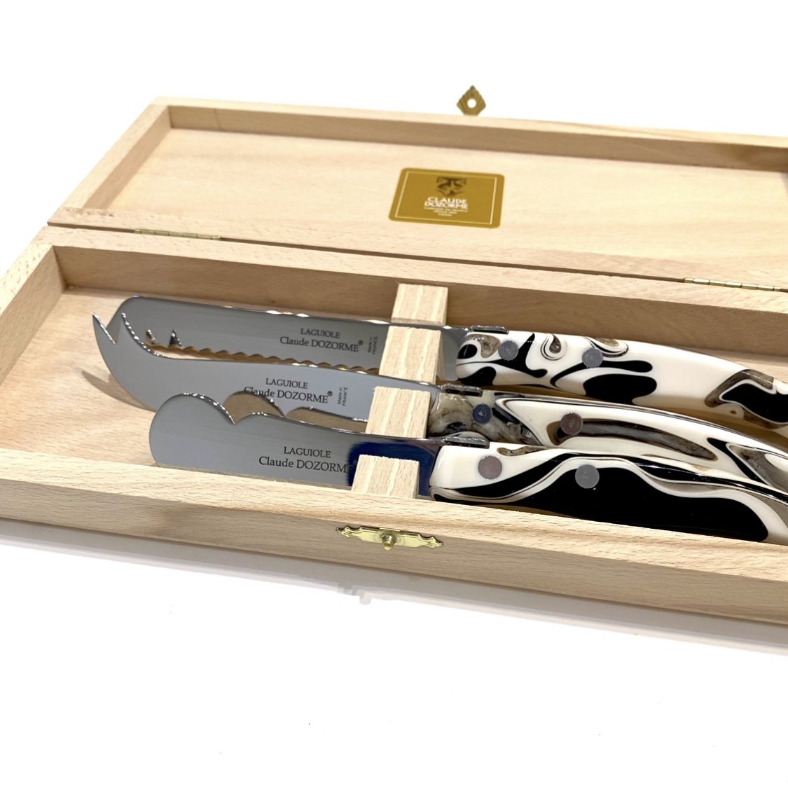 Claude Dozorme Laguiole Berlingot 3 Piece Breakfast Set of Knives Marble Resin and Stainless Steel