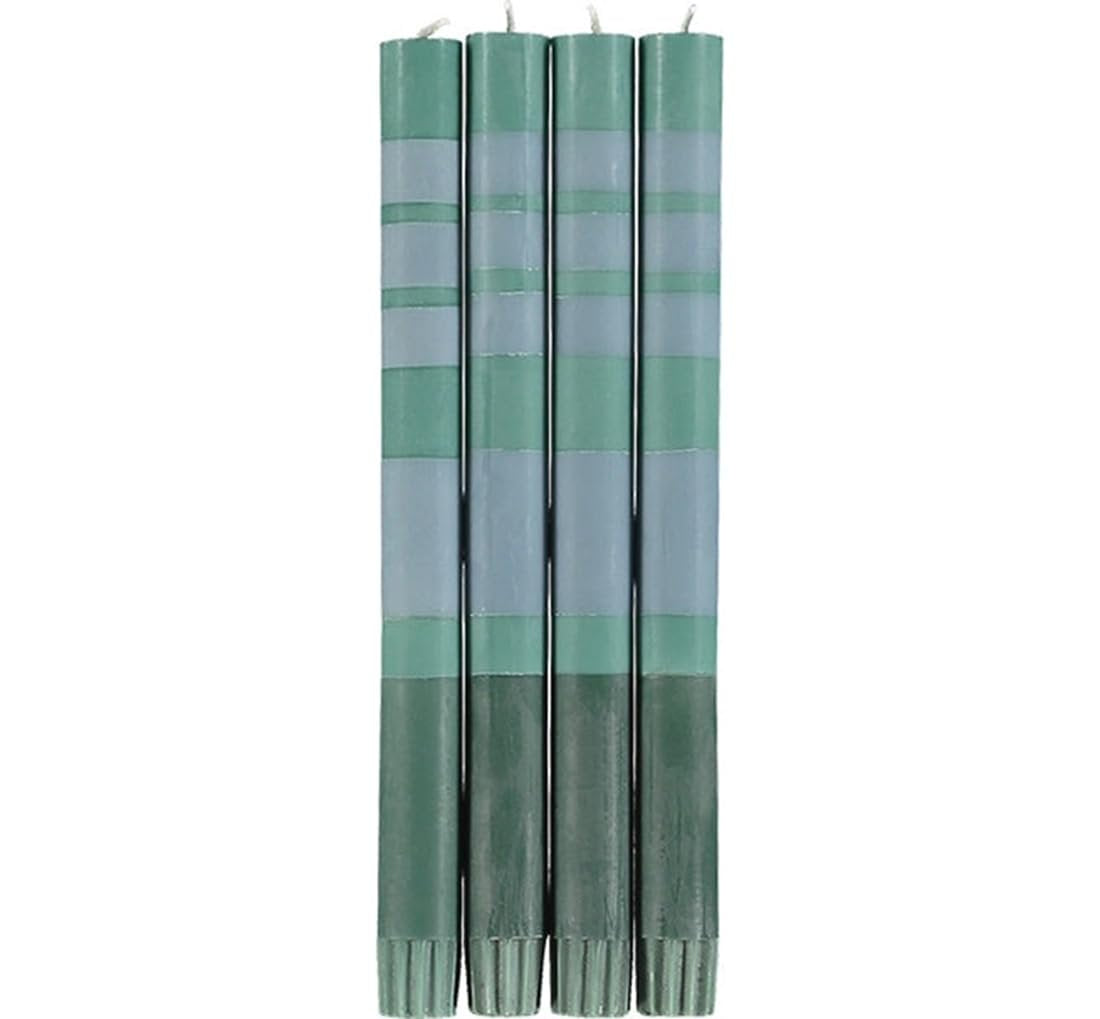 British Colour Standard striped dinner candles mixed pack of 4 in archival green tones – 10 inch hand-poured stearin wax