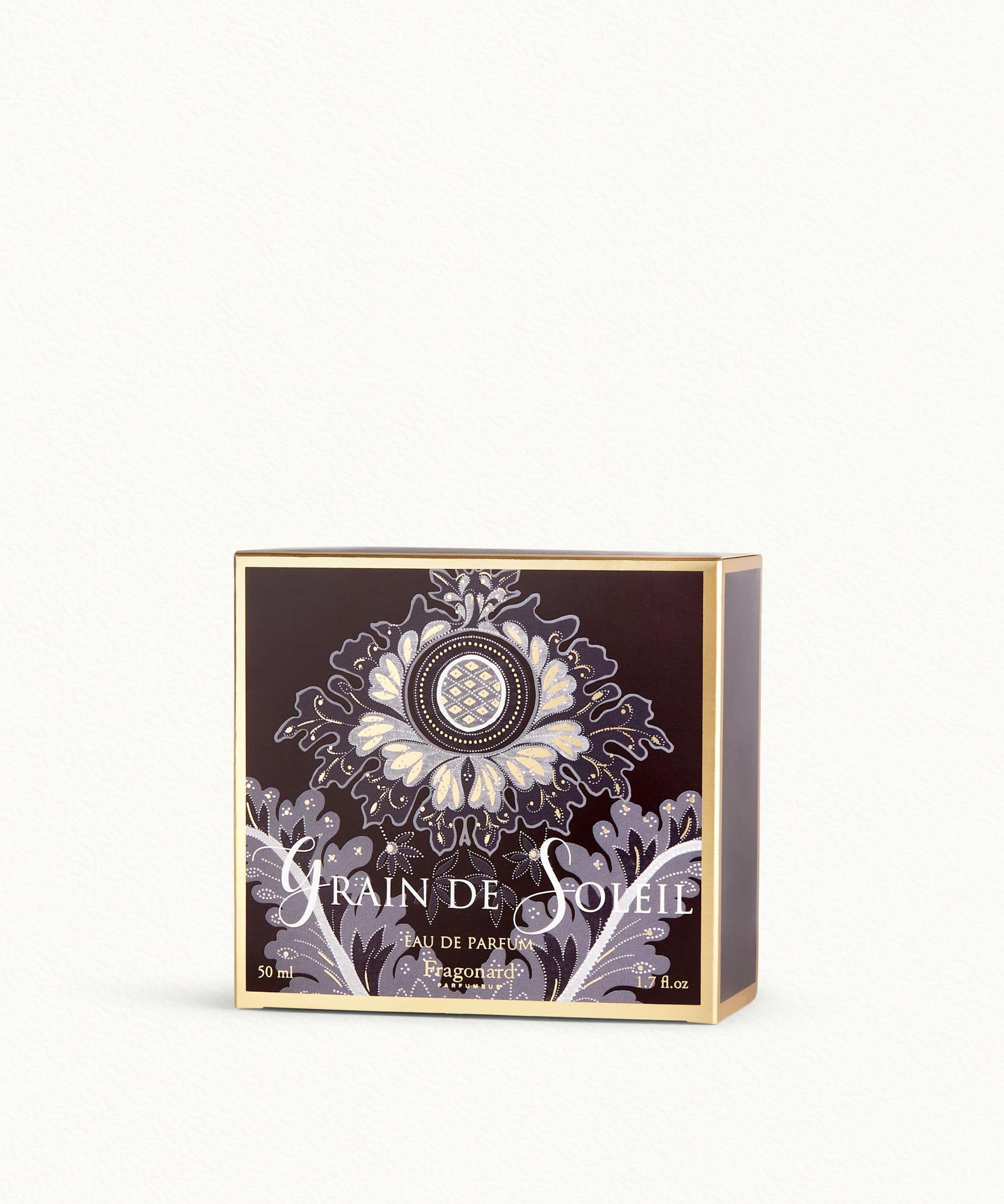 Fragonard Grain de Soleil 50ml Eau de Parfum flat lay jasmine rose vanilla incense