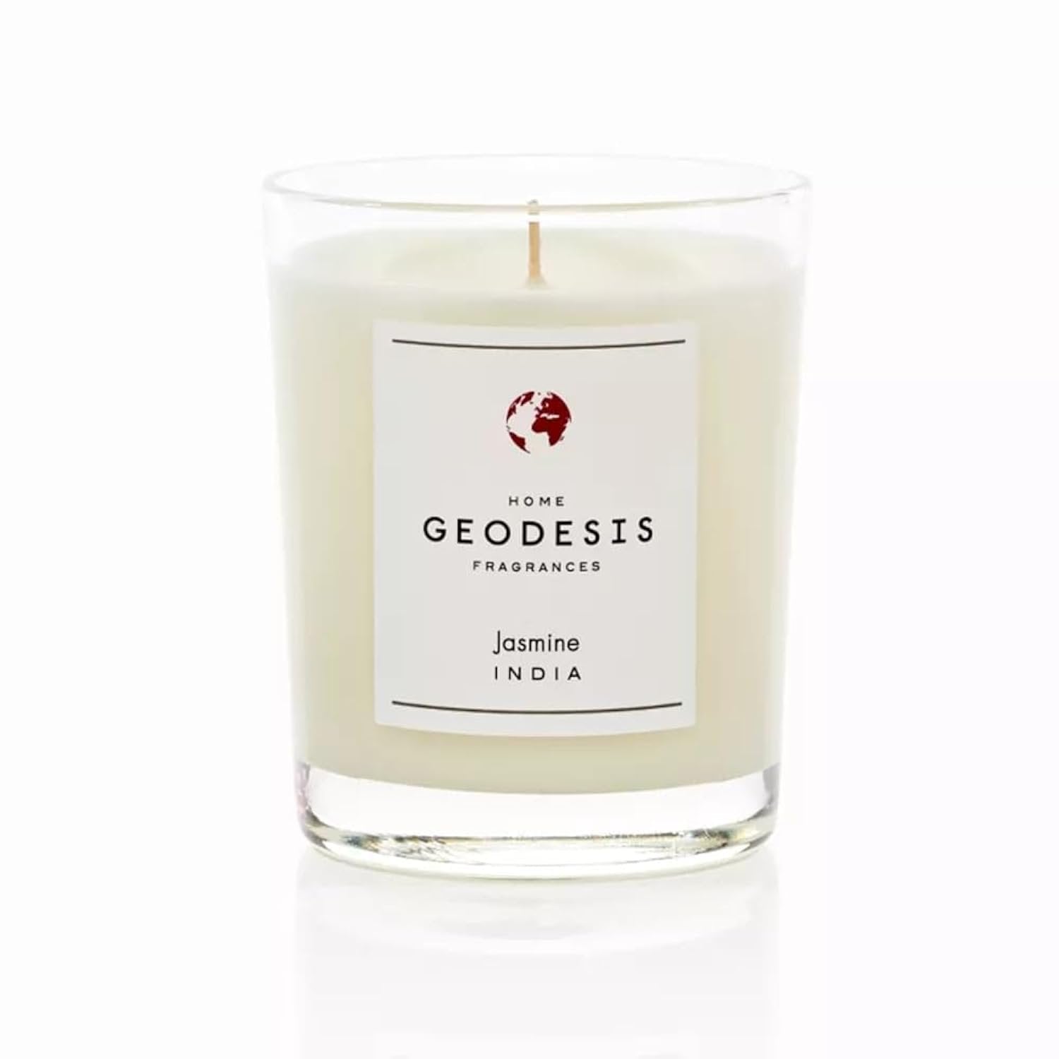 Close-up of Geodesis Jasmine candle glass jar, handcrafted in France