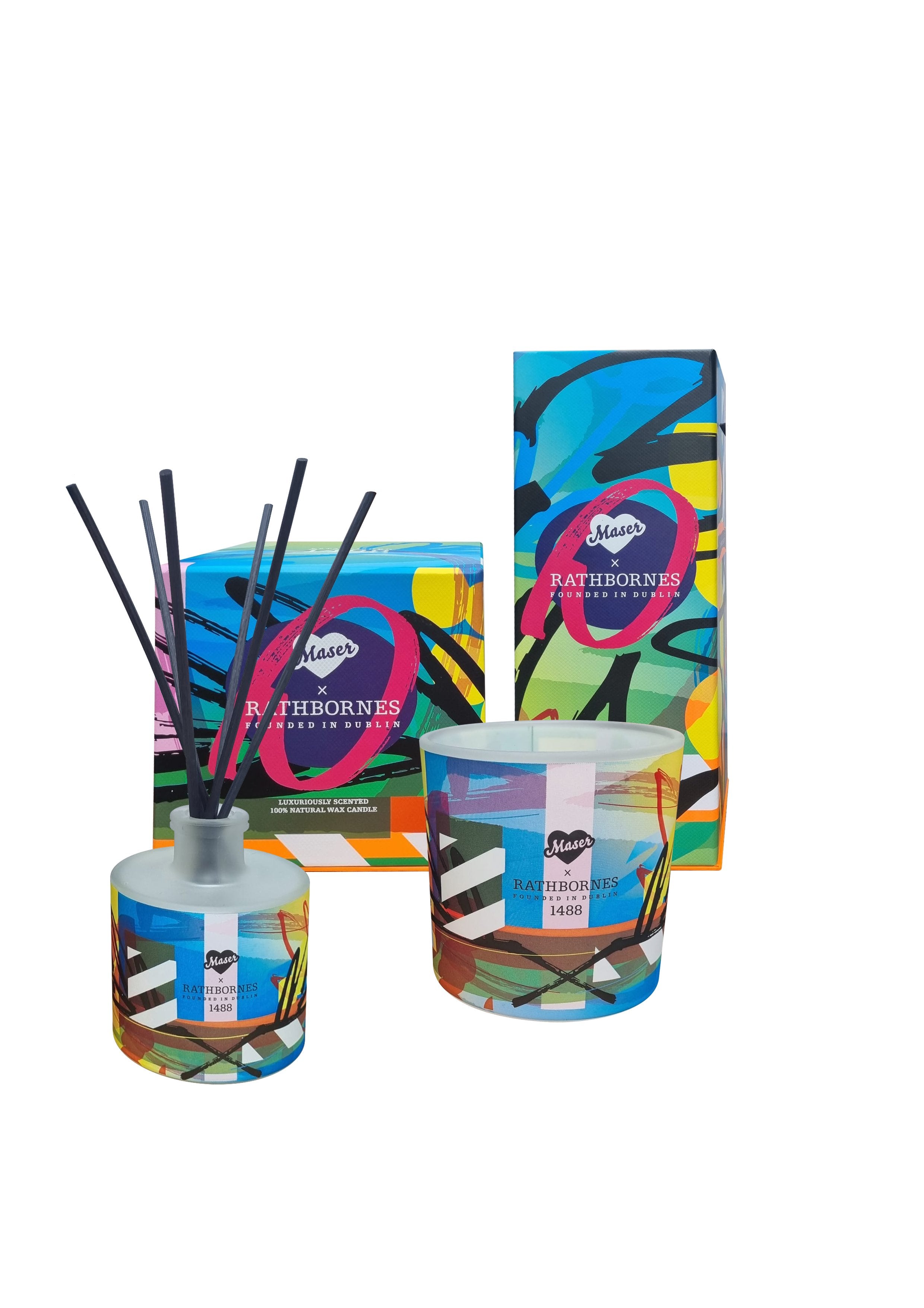 Rathbornes x Maser hand-poured glass candle with graphic design