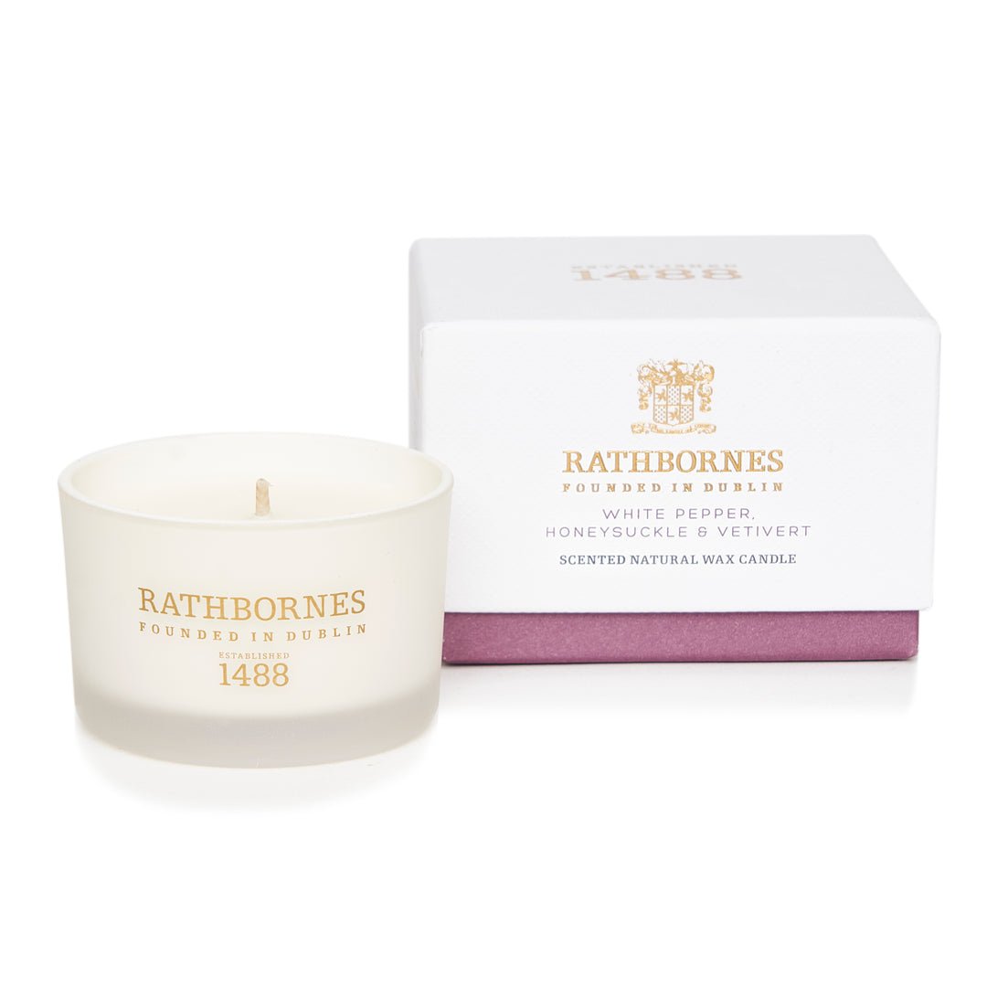 Hand-poured Rathbornes honeysuckle and vetiver candle made in Dublin