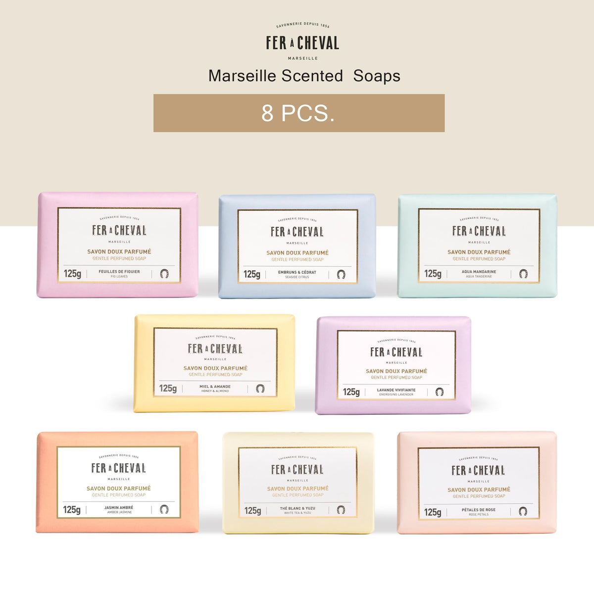 Fer A Cheval Organic Gentle Scented Soaps Set-8 Plant-Based Oils Skin Nourishing Variety Pack