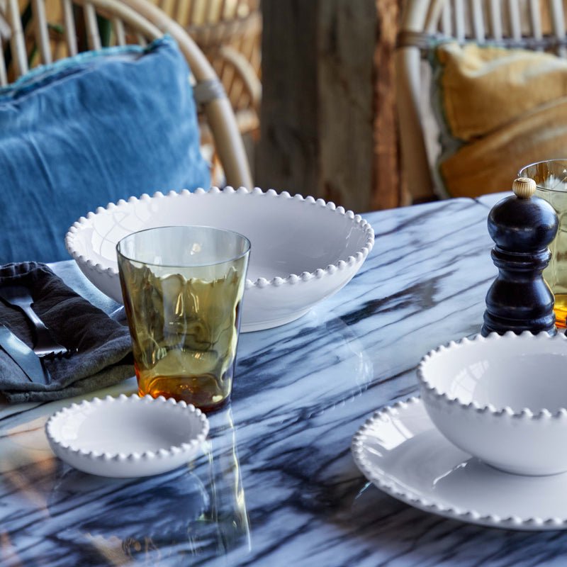 Costa Nova Pearl 30-Piece Dinnerware Set, Fine Stoneware Dishes for 6, Glossy White with Hand-Finished Pearl Rim, Made in Portugal