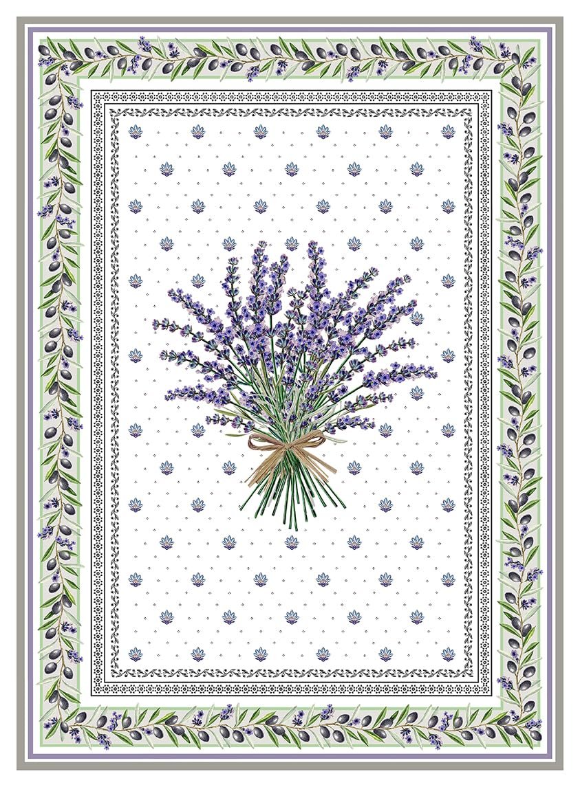 Tissus Toselli, Lavender White, Provence Collection Kitchen, French Farmhouse, Lavender and Olive Twigs, Tea Towel, 100% Cotton,