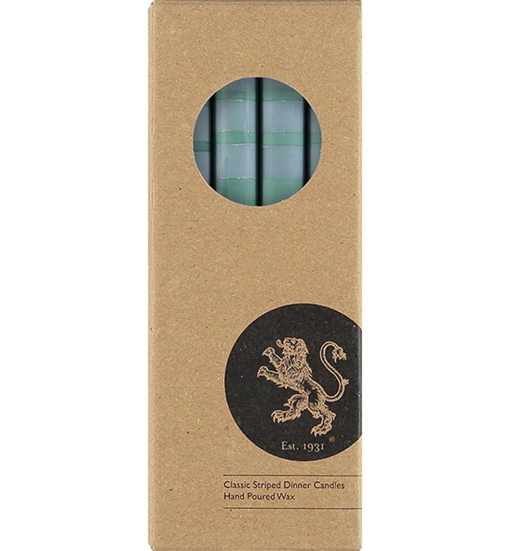 British Colour Standard green striped dinner candles styled on table – Fair Trade hand-poured non-drip
