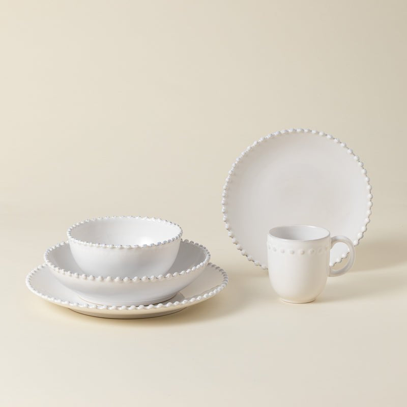 Costa Nova Pearl 30-Piece Dinnerware Set, Fine Stoneware Dishes for 6, Glossy White with Hand-Finished Pearl Rim, Made in Portugal