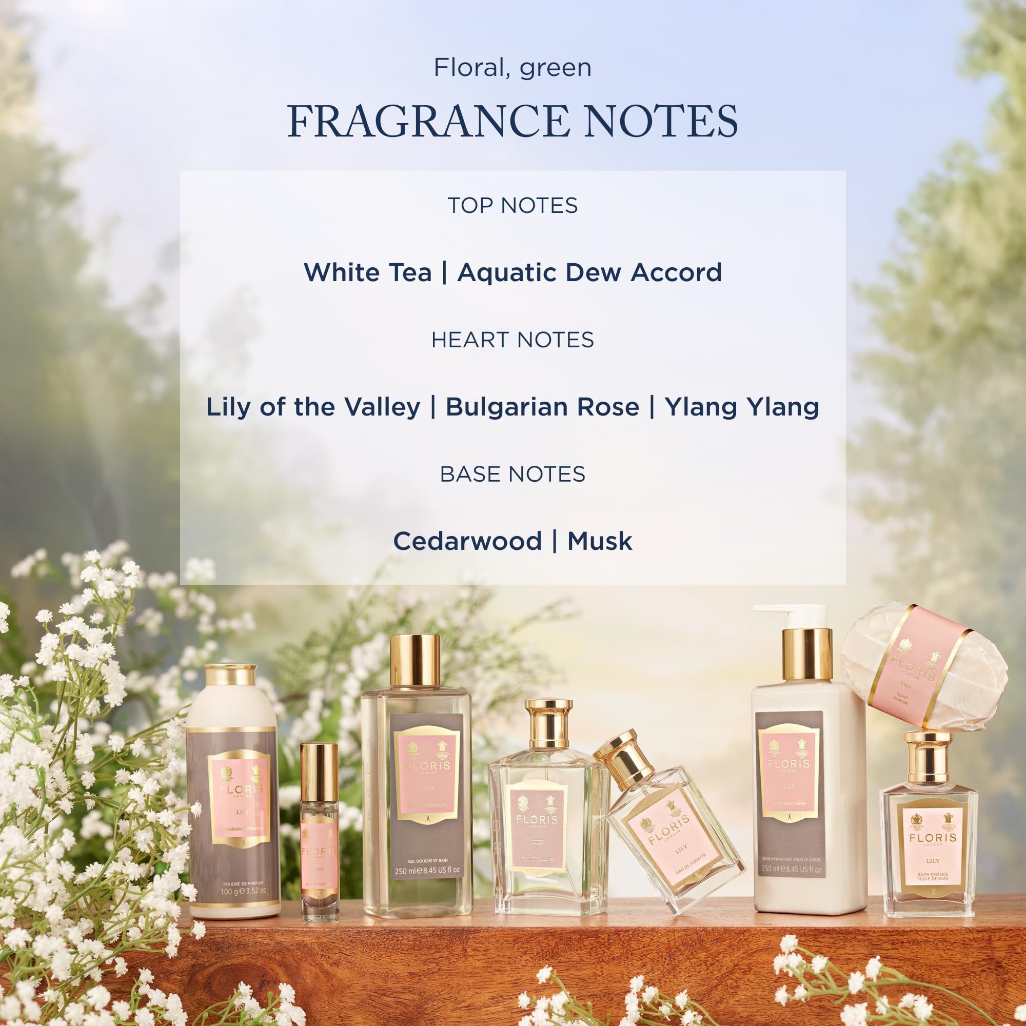 Floris London Lily perfume styled with flowers
