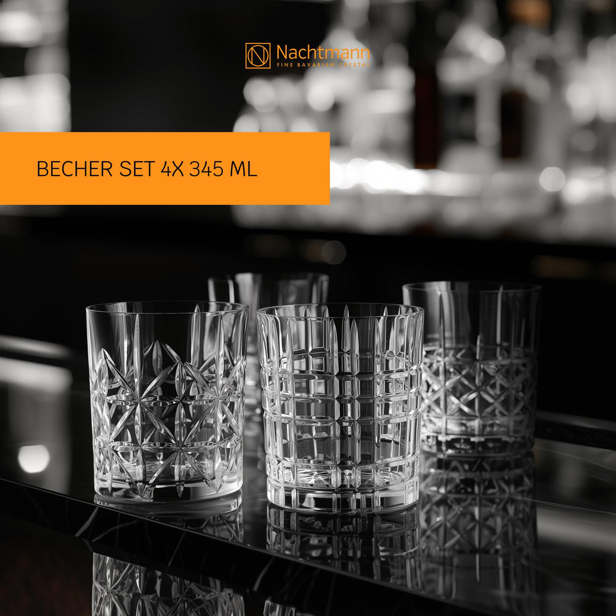 Nachtmann Highland Collection Crystal 6” Long Drink Glasses, Set of 4, With Different Glass Patterns, For Cocktails or Non- Alcoholic Beverages,445 ml, Dishwasher Safe