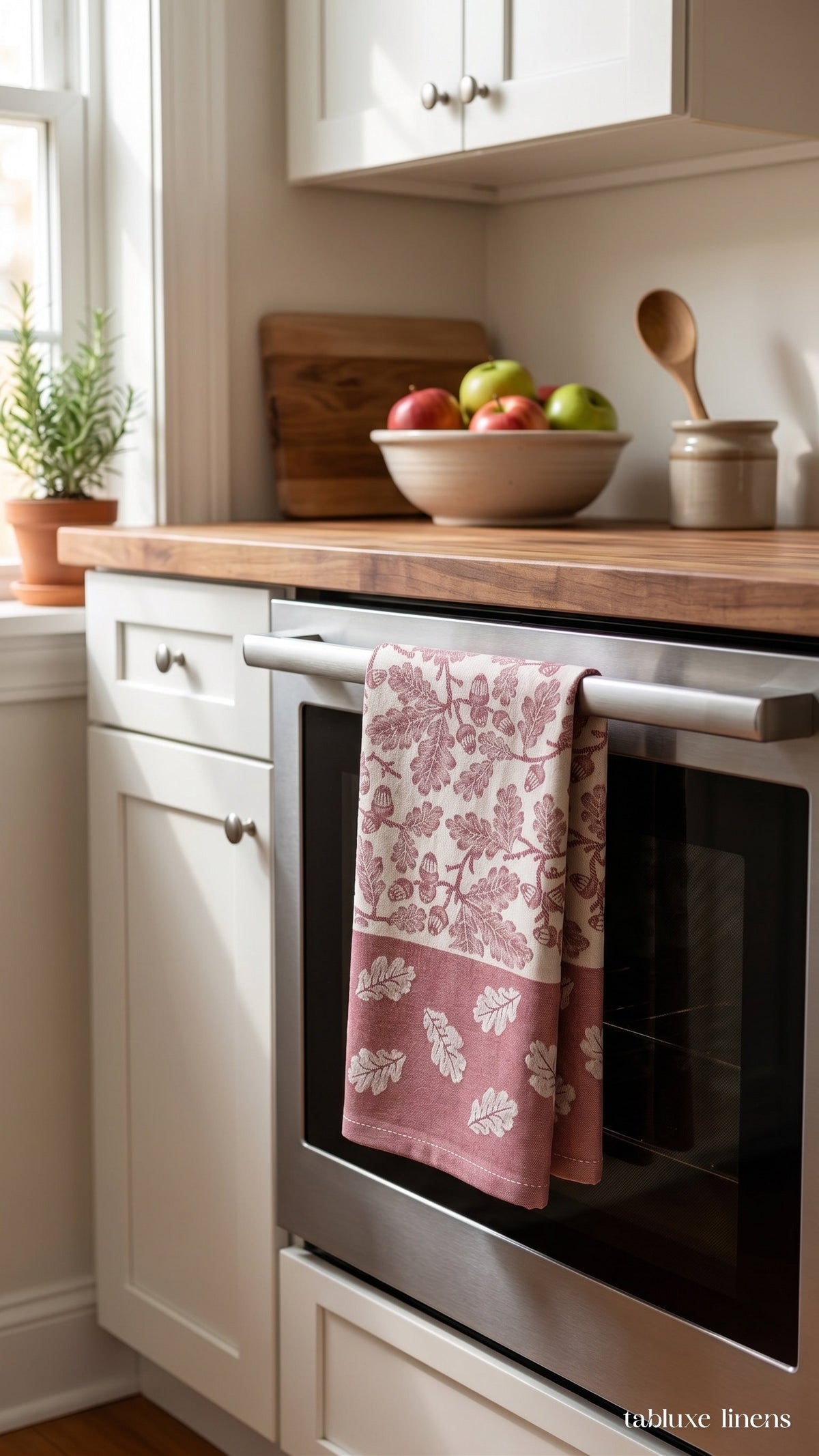 Busatti Rovere Burgundy tea towel styled in a bright home kitchen