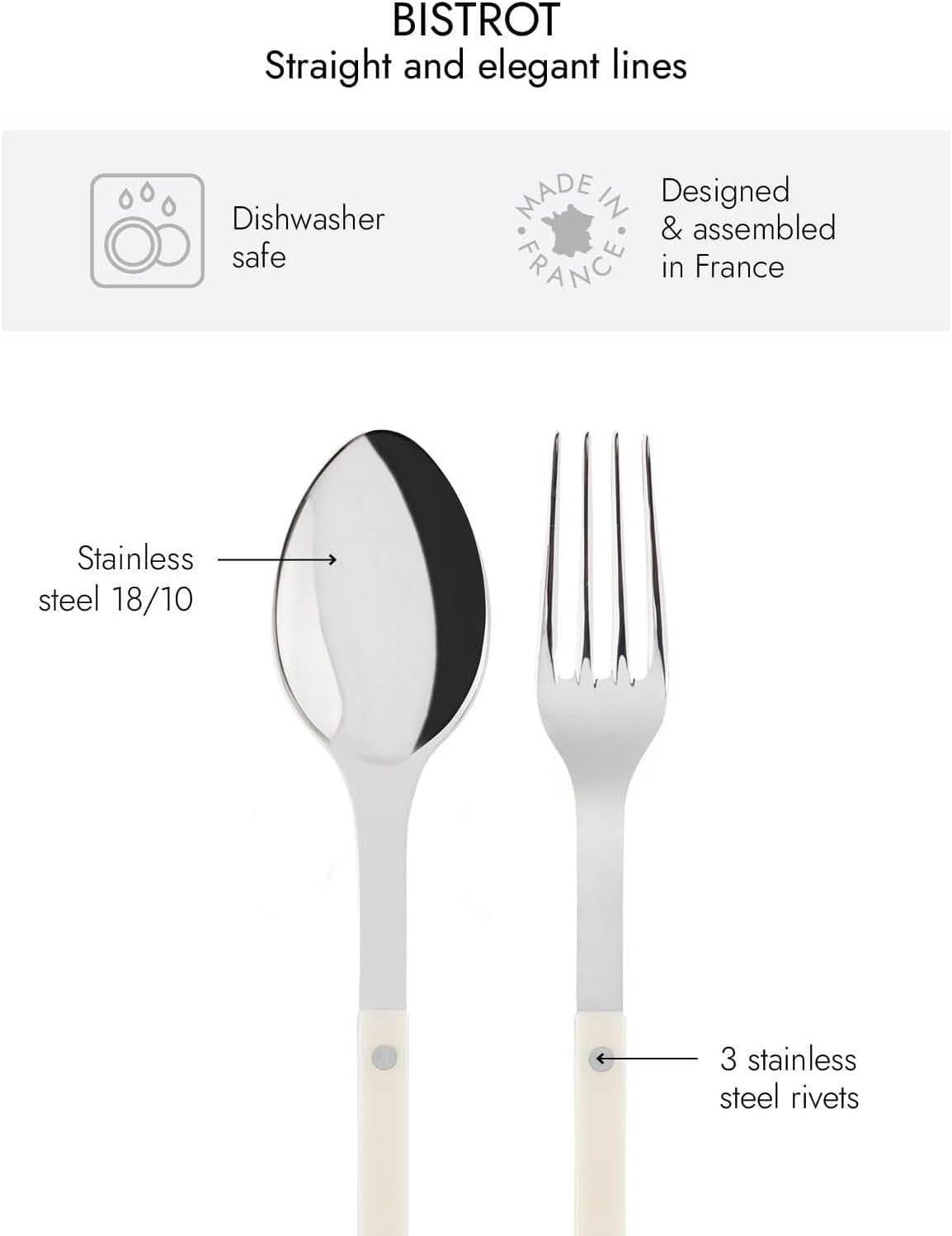 Sabre Paris Bistrot serving set features: stainless steel, riveted ivory handles
