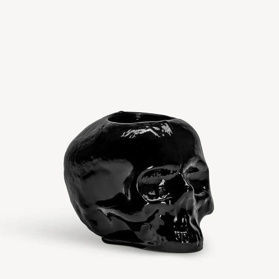 Kosta Boda Still Life skull-shaped black glass votive candle holder – designed by Ludvig Löfgren handmade in Sweden