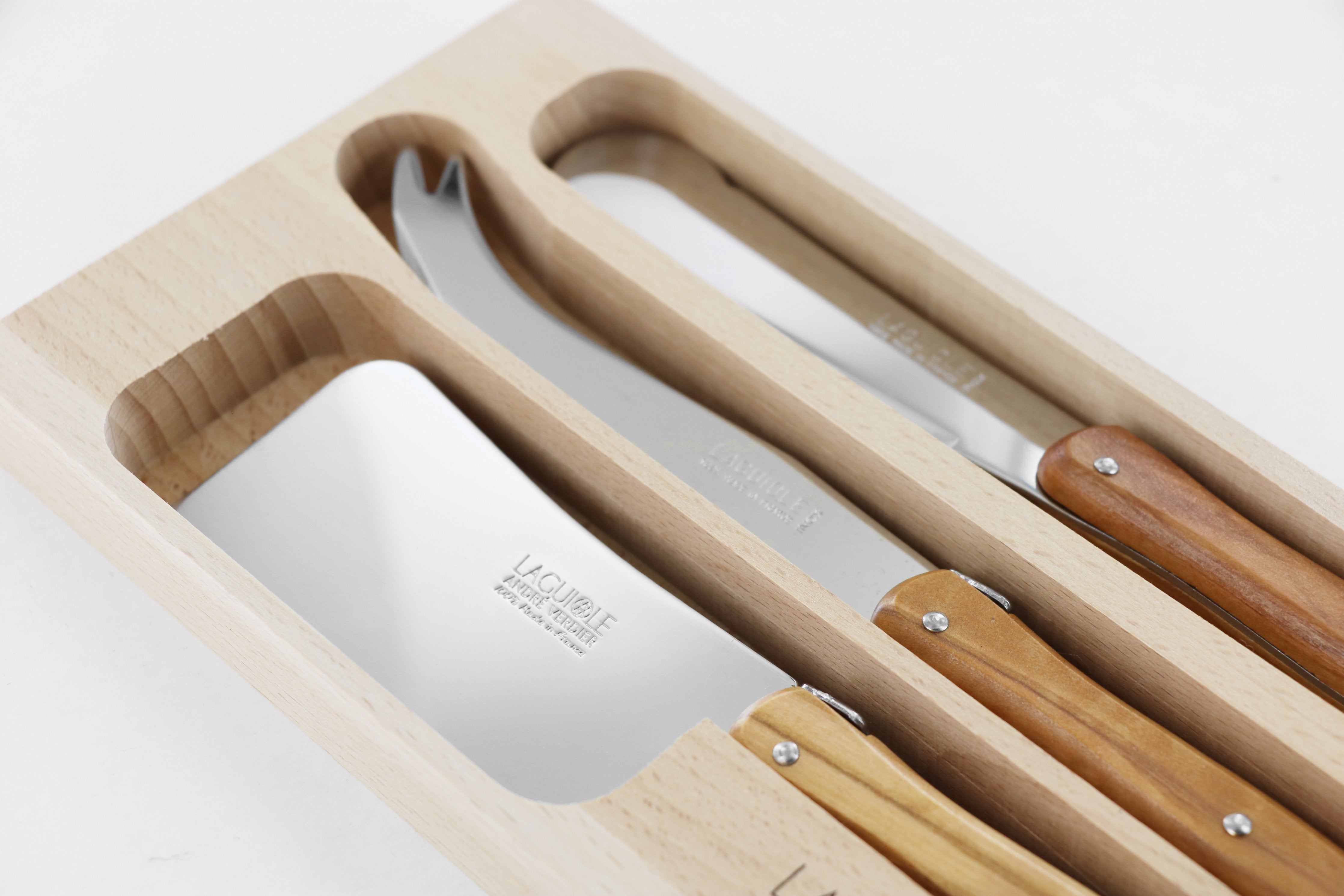 Andre Verdier Laguiole 'Debutant Country' Cheese Knives Set | Sandwich Knife, Cleaver, Large Cheese Knife | Olivewood Handle