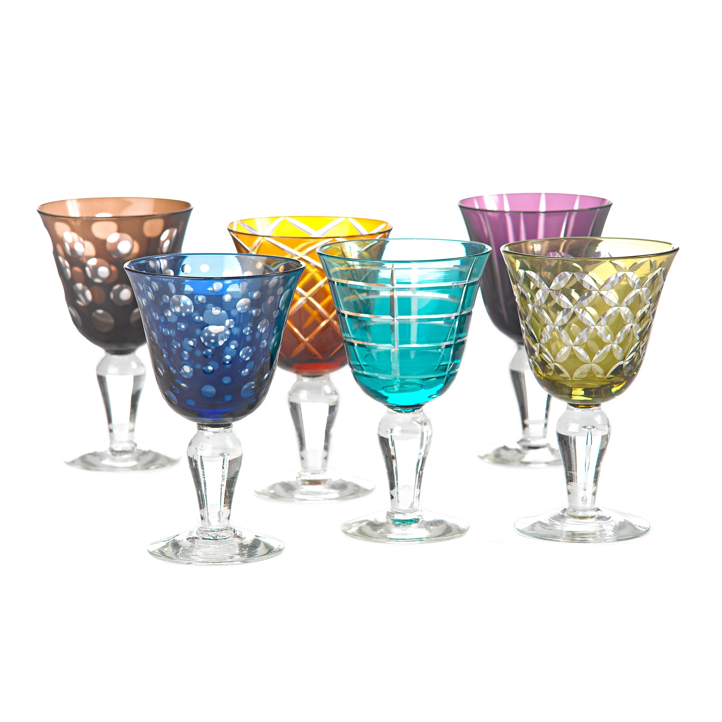 Pols Potten Cuttings Multicolor Wine Glasses – Set of 6 Sandblasted Glass Stemware