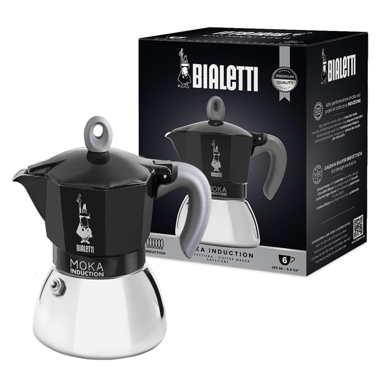 Bialetti Moka Induction 6 cup stovetop espresso maker in black – aluminum and stainless steel made in Europe