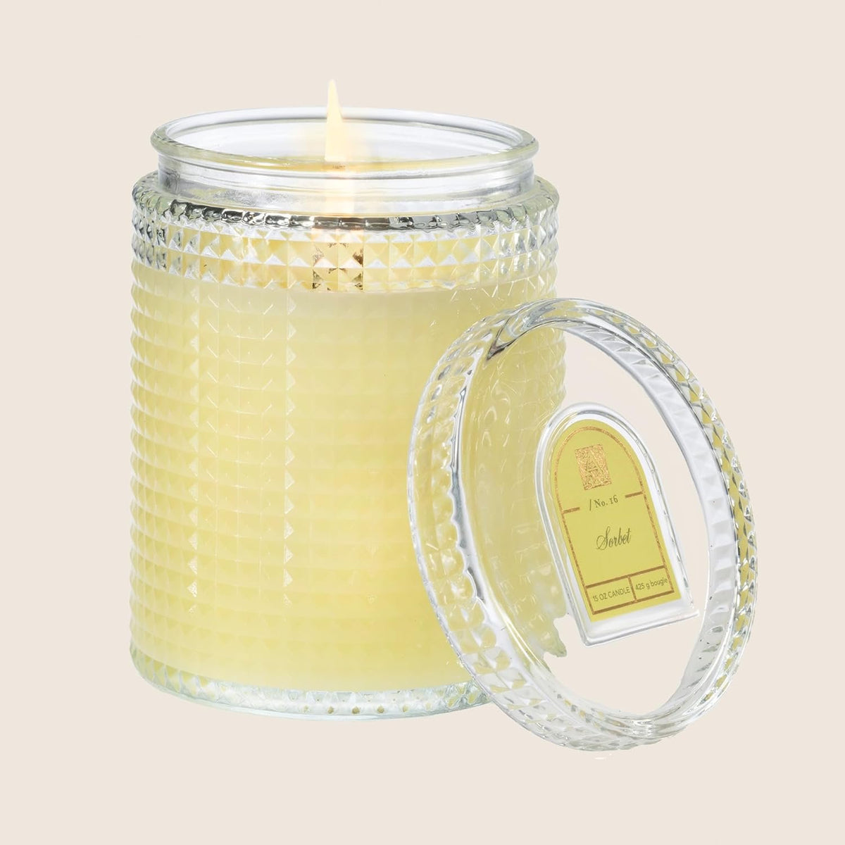 Aromatique Sorbet Scented Candle 15oz Textured Glass with Lid Textured Vessel Lemon and Lime Fragrance