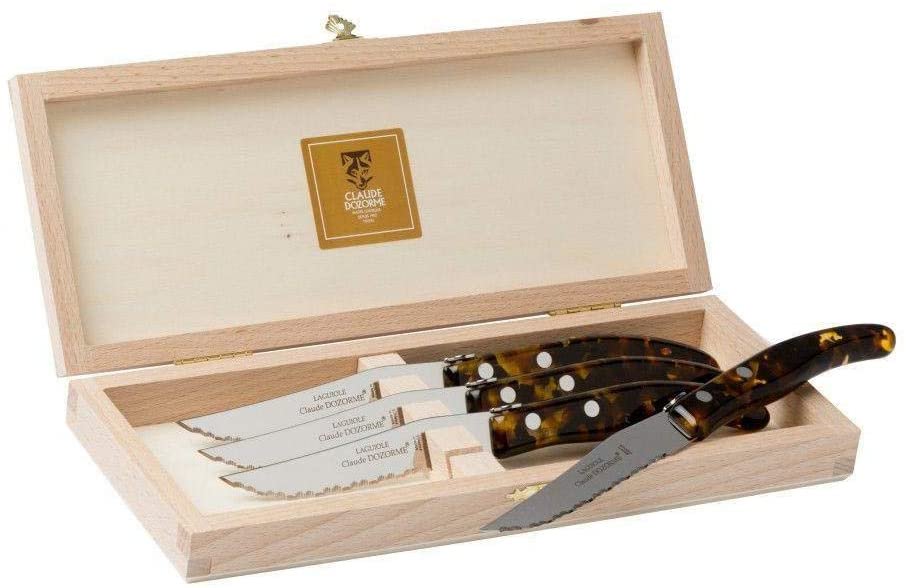 Claude Dozorme Steak Knives Set-6 Berlingot Everwood Mixed Colors Handles and Satinless Steel Blades
