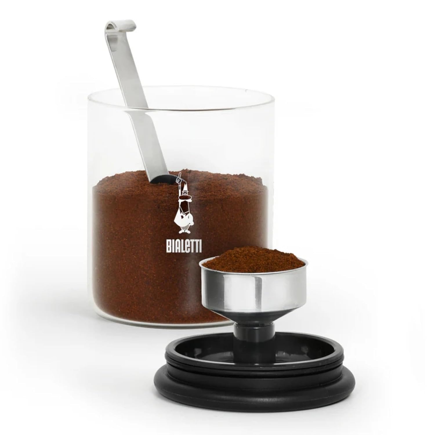 Bialetti Smart Coffee Jar close-up silicone gasket airtight lid glass canister dosing spoon detail