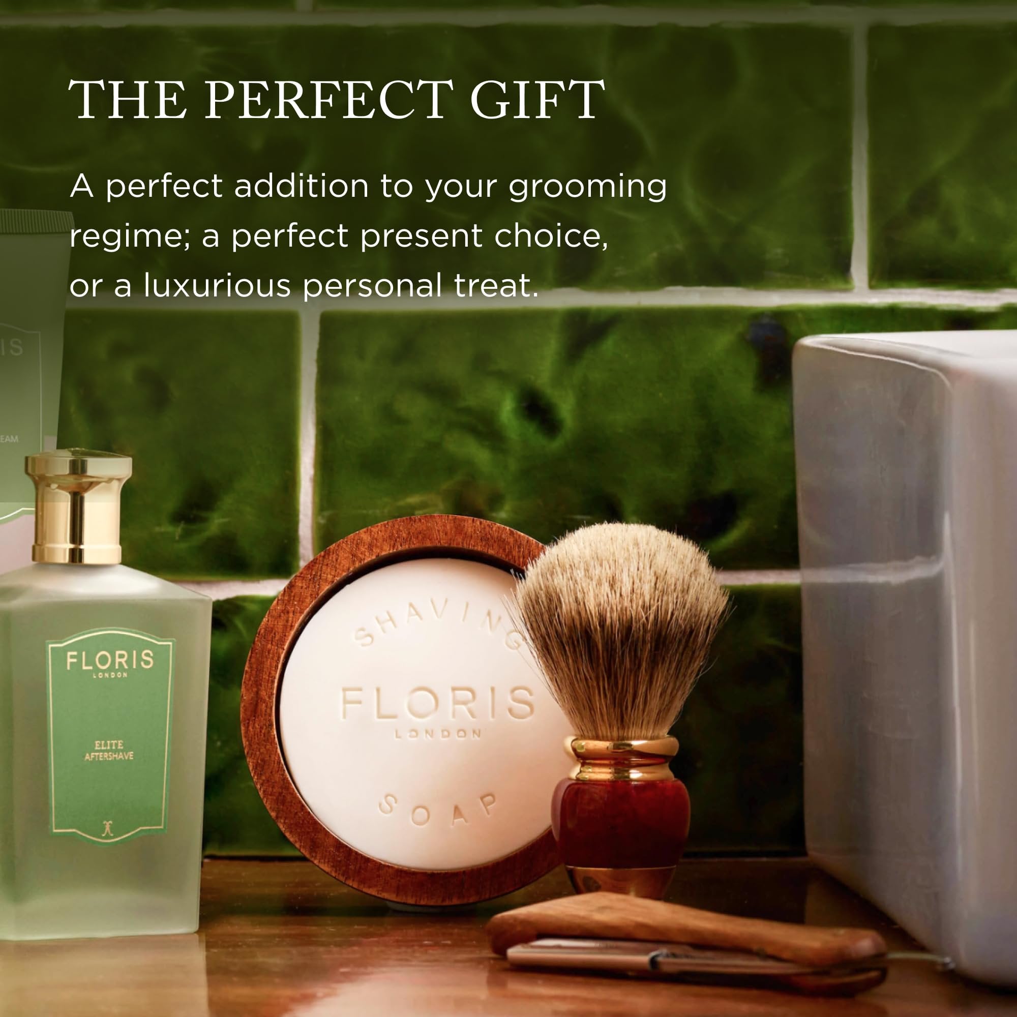 Floris London wooden shaving bowl styled on counter