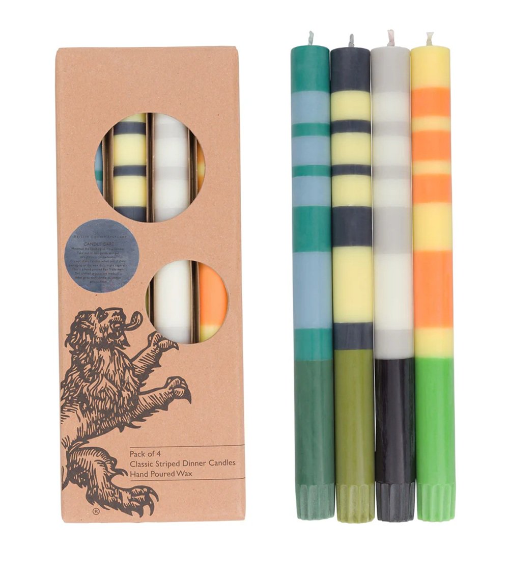 British Colour Standard Hand-Poured Striped Dinner Candles Set of 4 - Eco-Friendly, Fair Trade, 100% Vegetable Wax, 10-Hour Burn