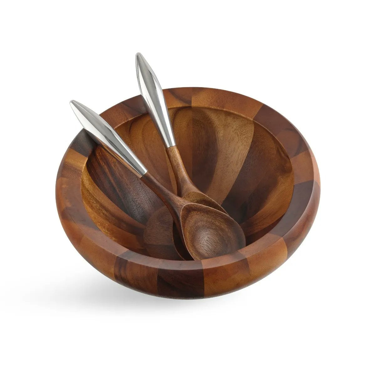 Nambé Yaro Salad Bowl with 2 Servers | Acacia Wood & Alloy | 14"D