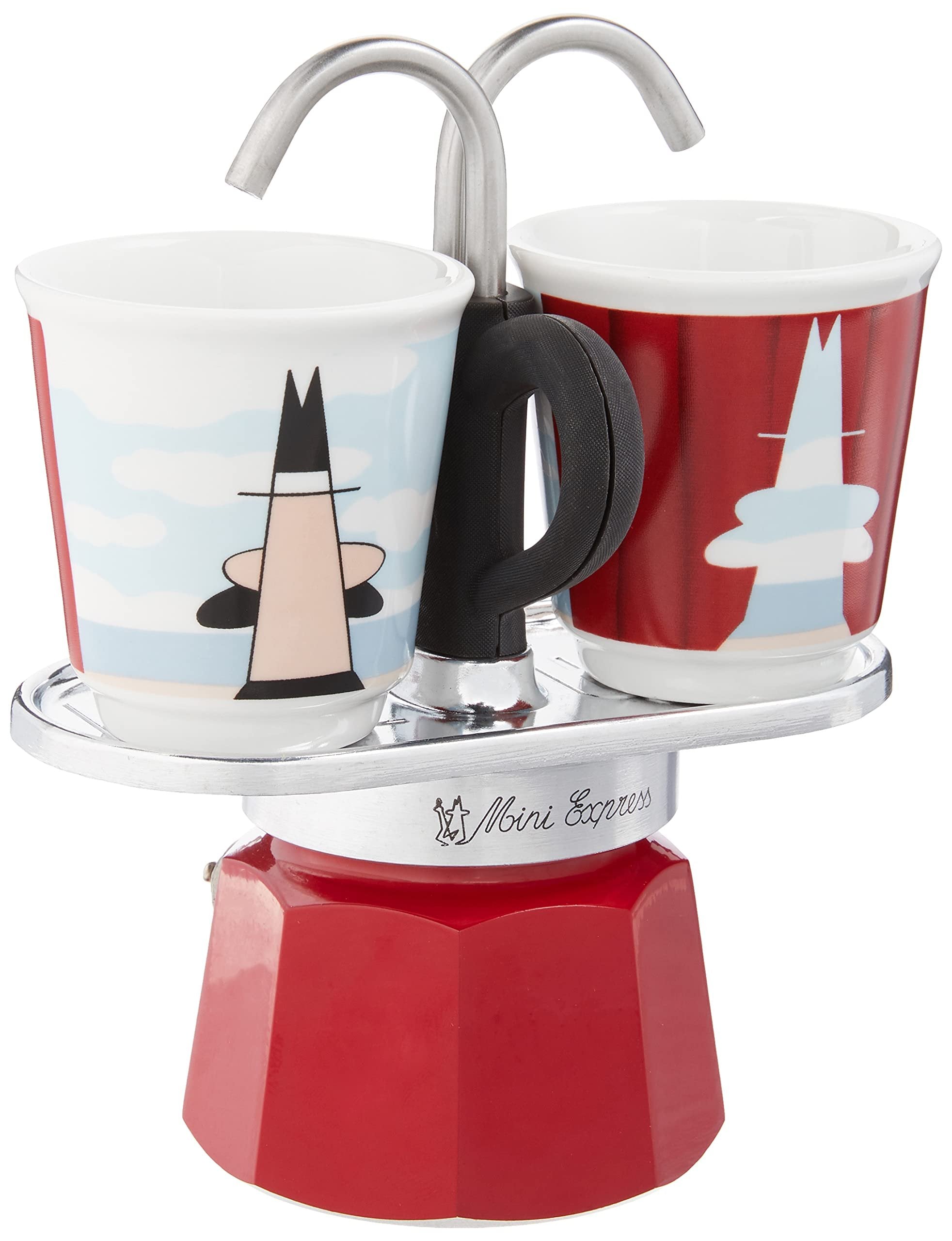 Bialetti Mini Express Magritte Moka Set – 2 Cups + 2 Shot Glasses (Red)