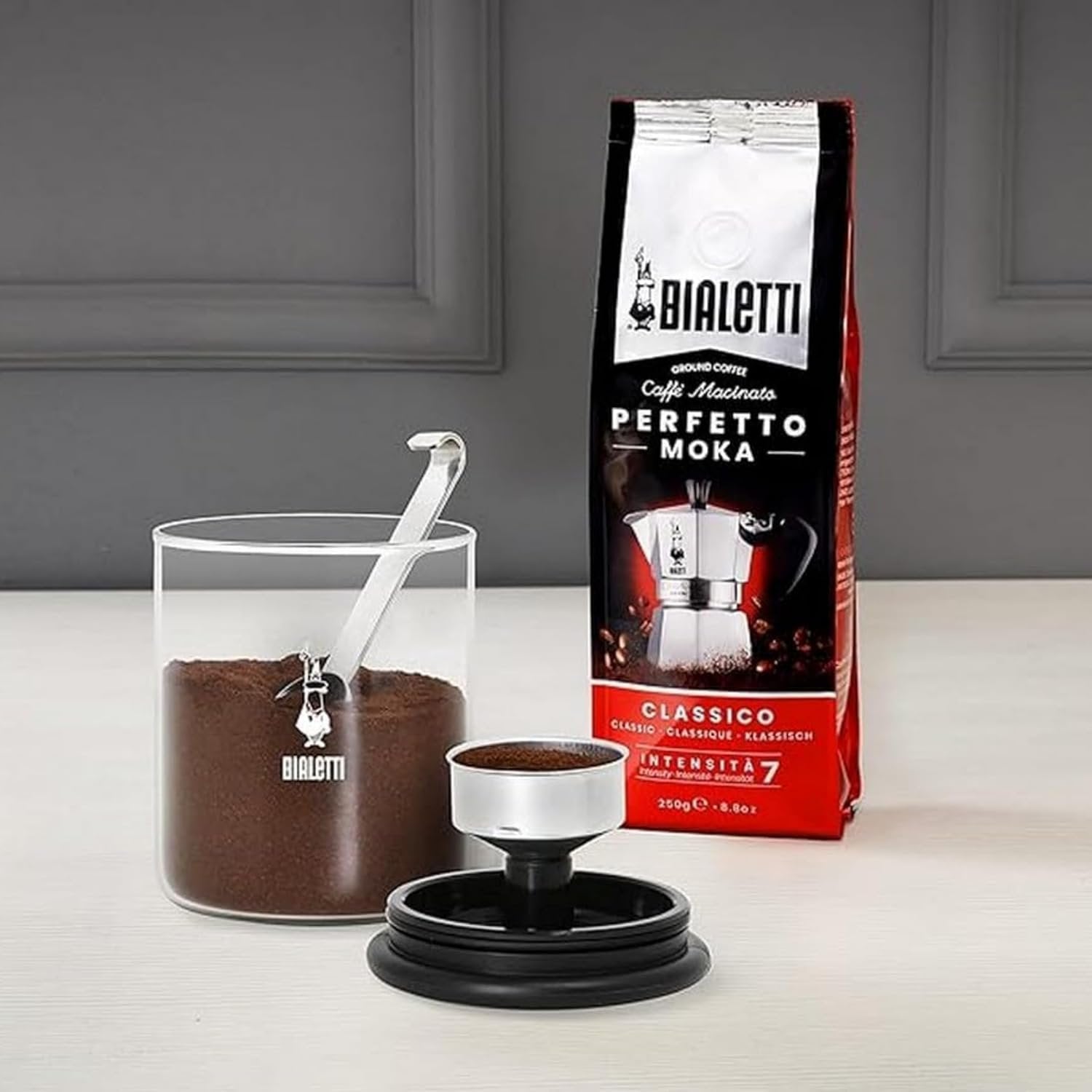 Bialetti Smart Coffee Jar 8.8oz styled on kitchen counter with Moka pot coffee storage