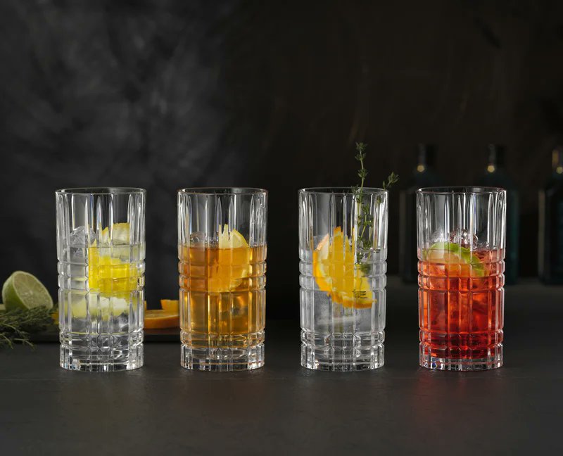 Nachtmann Square Long Drink Glass Crystal Set of 4 Square Grid Cut Pattern