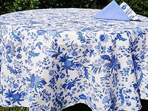 Le Cluny French Provence Tablecloth, 70" Round, Coated Cotton Easy Care, Versailles Blue and White
