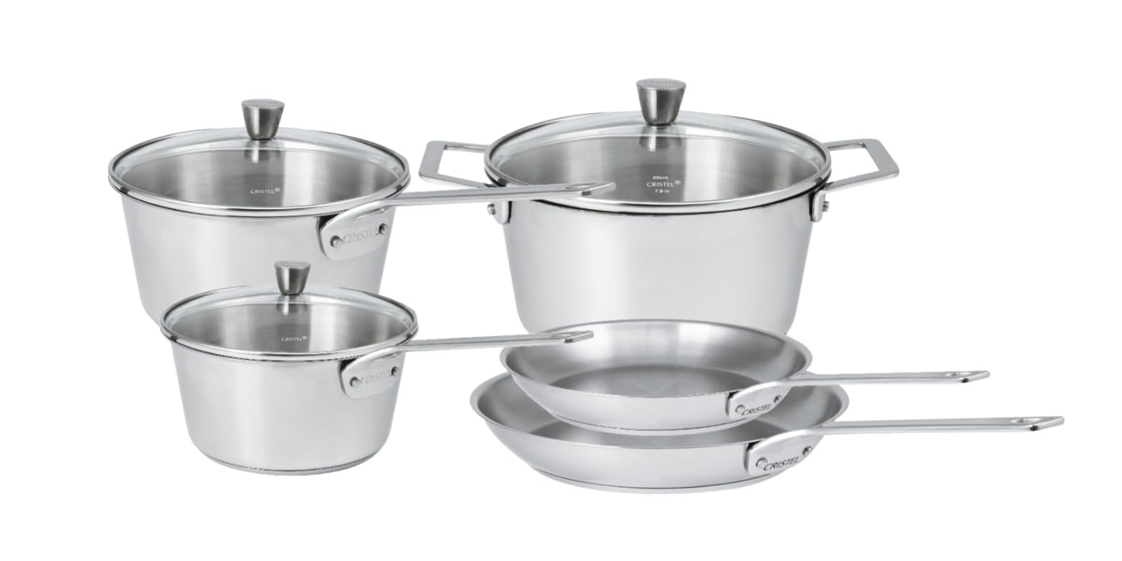Cristel 1826 Collection 8-Piece Stainless Steel Set, Made in France, 18/10 Stainless Steel, 3-Ply Construction, Double Riveted Fixed Handle, Oven and Dishwasher Safe