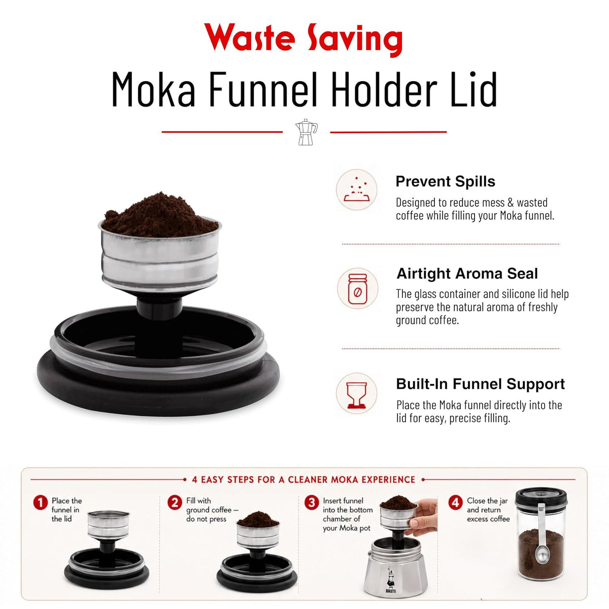 Bialetti Smart Coffee Jar Glass Airtight Canister | 8.8 oz | with Spoon
