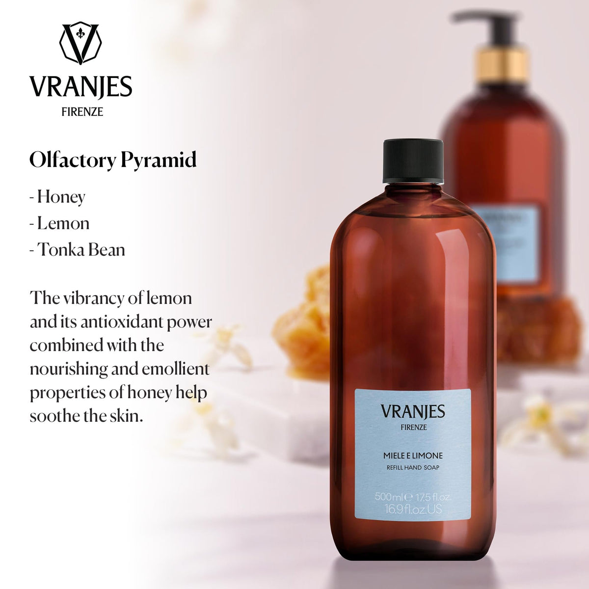 Close-up of Dr. Vranjes Miele e Limone octagonal bottle