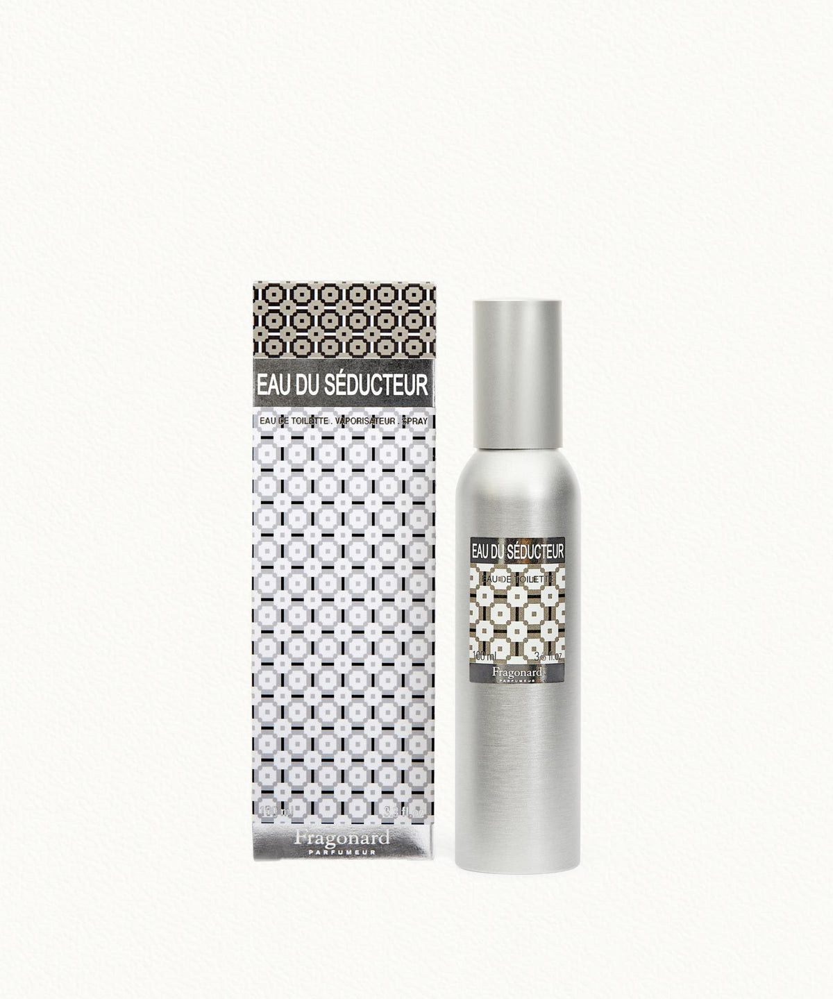 Fragonard Eau du Seducteur Eau de Toilette 100ml refillable aluminium bottle on white background
