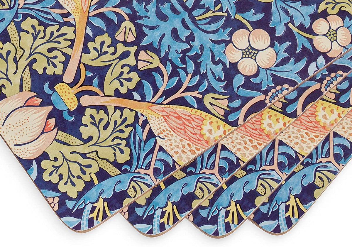 Pimpernel Morris & Co Strawberry Thief Blue Collection Placemats | Set of 4 | Heat Resistant Mats | Cork-Backed Board | Hard Placemat Set for Dining Table | Measures 15.7” x 11.7”