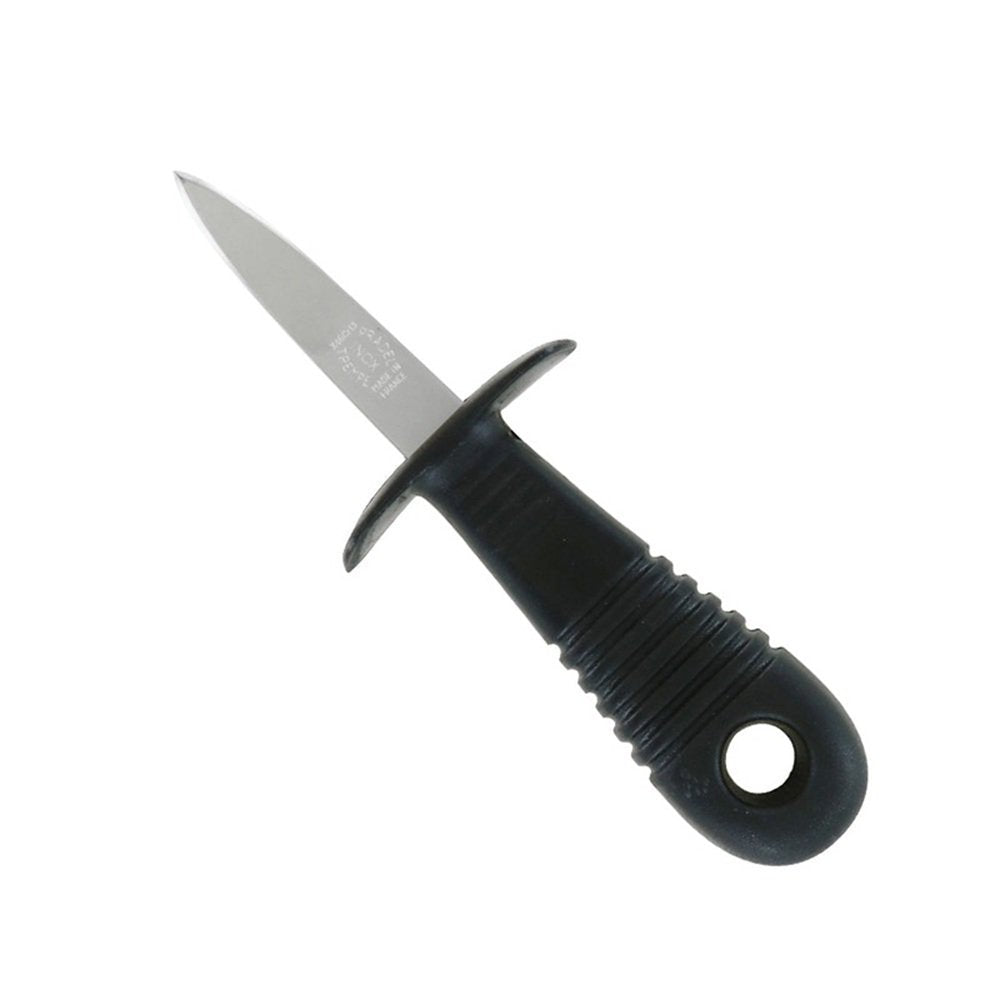 Black plastic handle with built-in thumb guard on Laguiole oyster knife