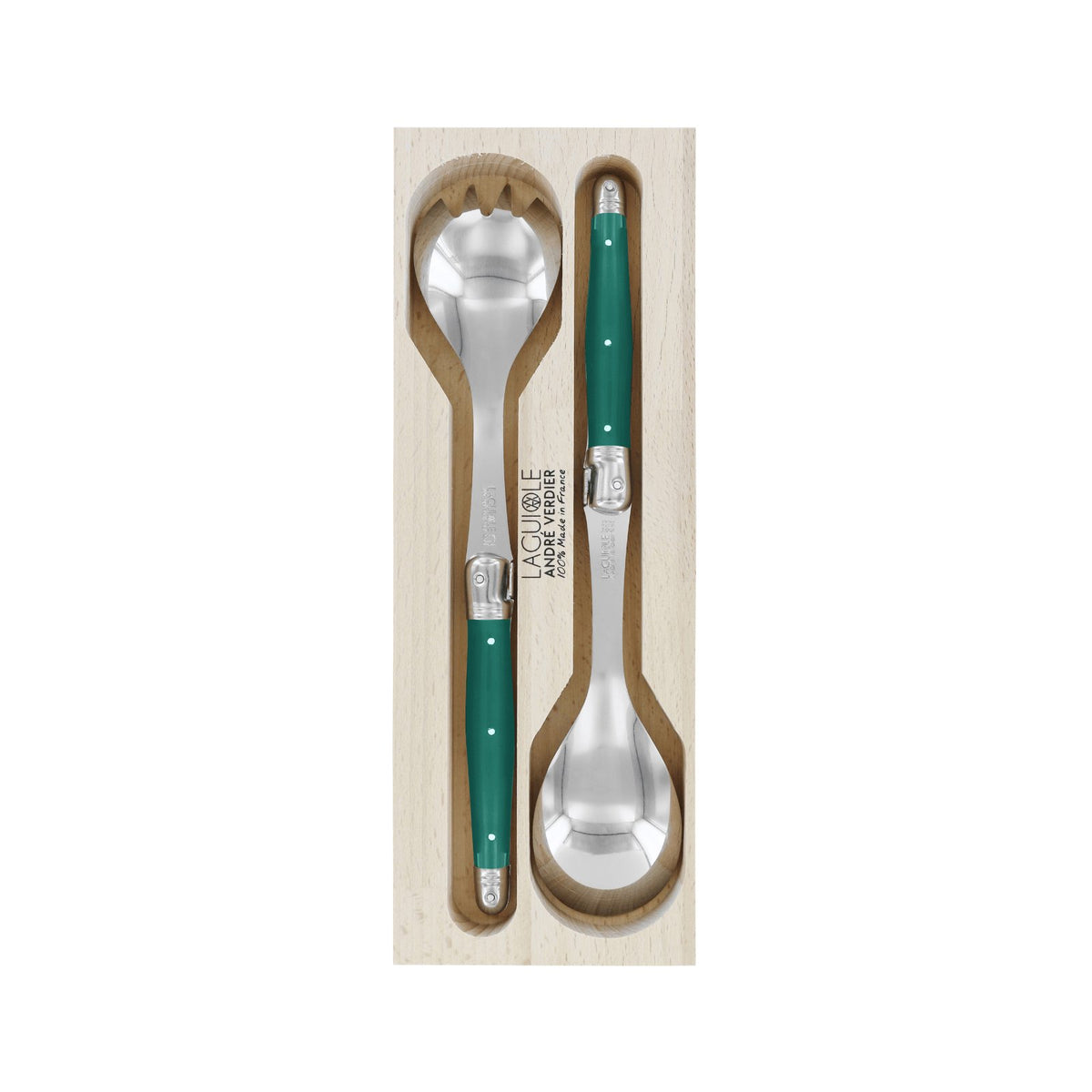 Andre Verdier Laguiole 2-Piece Salad Server Set - Tropical Green Handle, Beech Wood Gift Box | French Cutlery | Made in France
