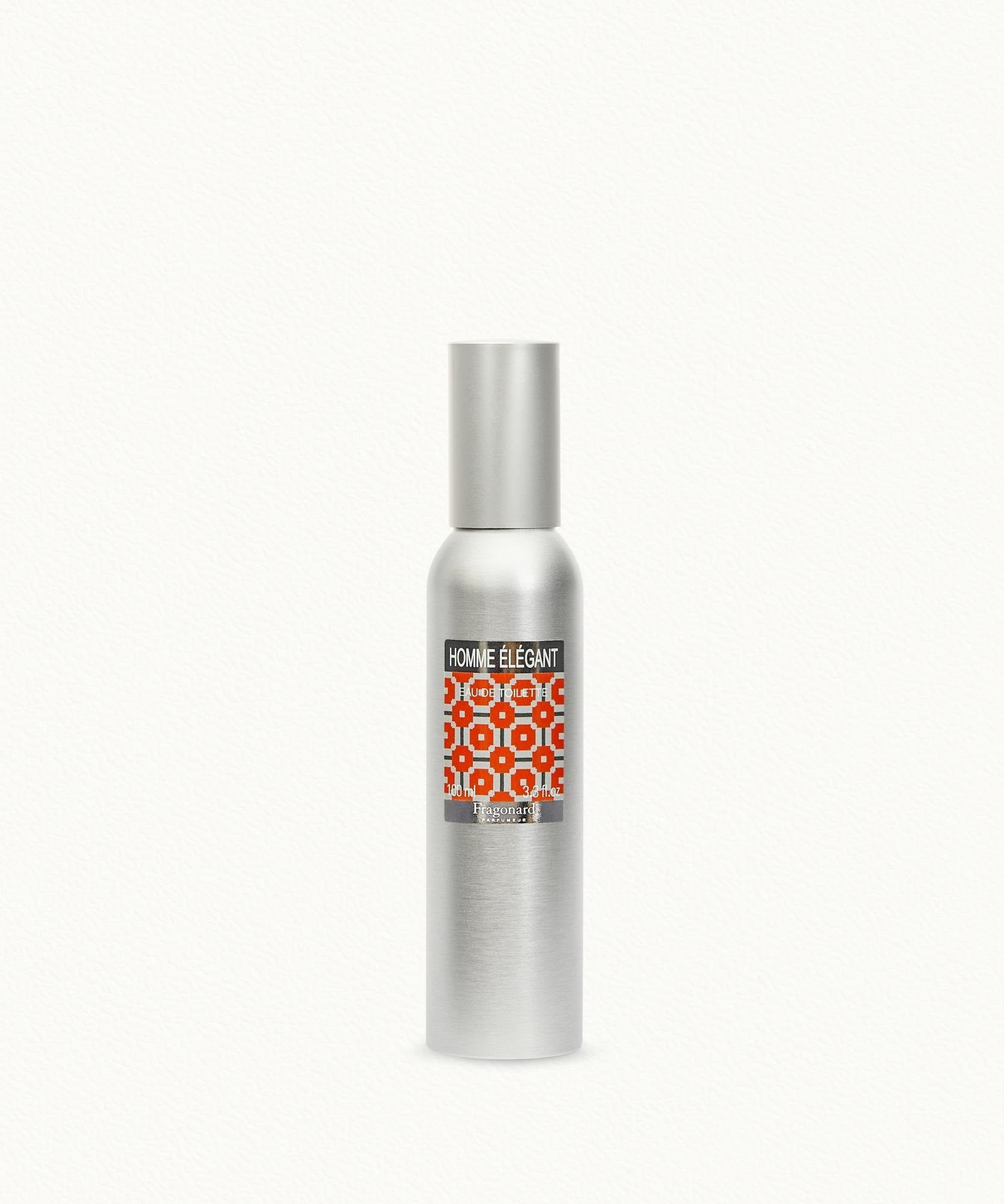 Fragonard Homme Elegant 100ml EDT aluminium bottle close-up Grasse France
