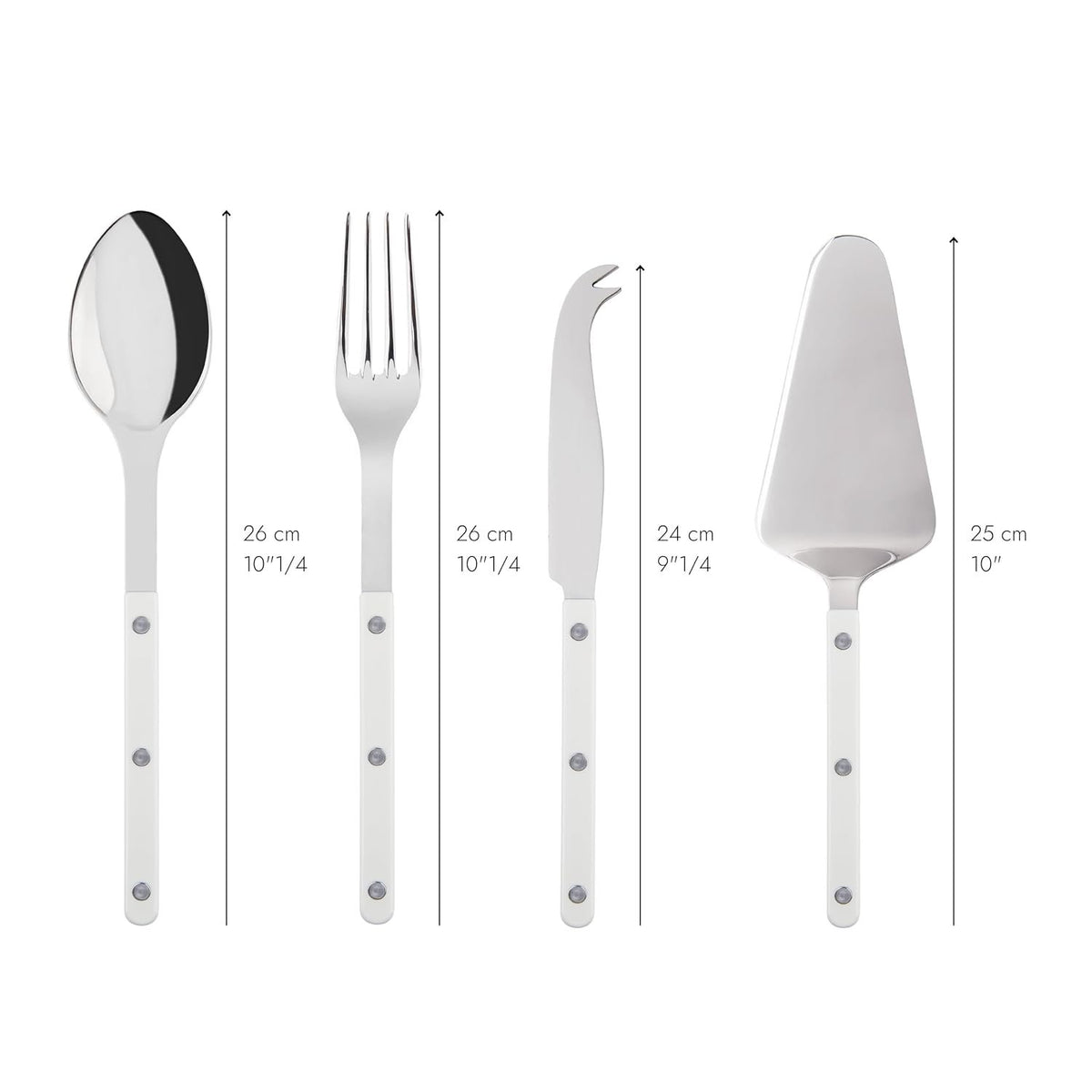 SABRE PARIS - 4-Piece Serving Set - White - Bistrot Collection - 2 Serving Flatware, Serrated Pie Server, Large Cheese Knife - Stainless Steel & Nylon - Dishwasher Safe - Brilliant Finish