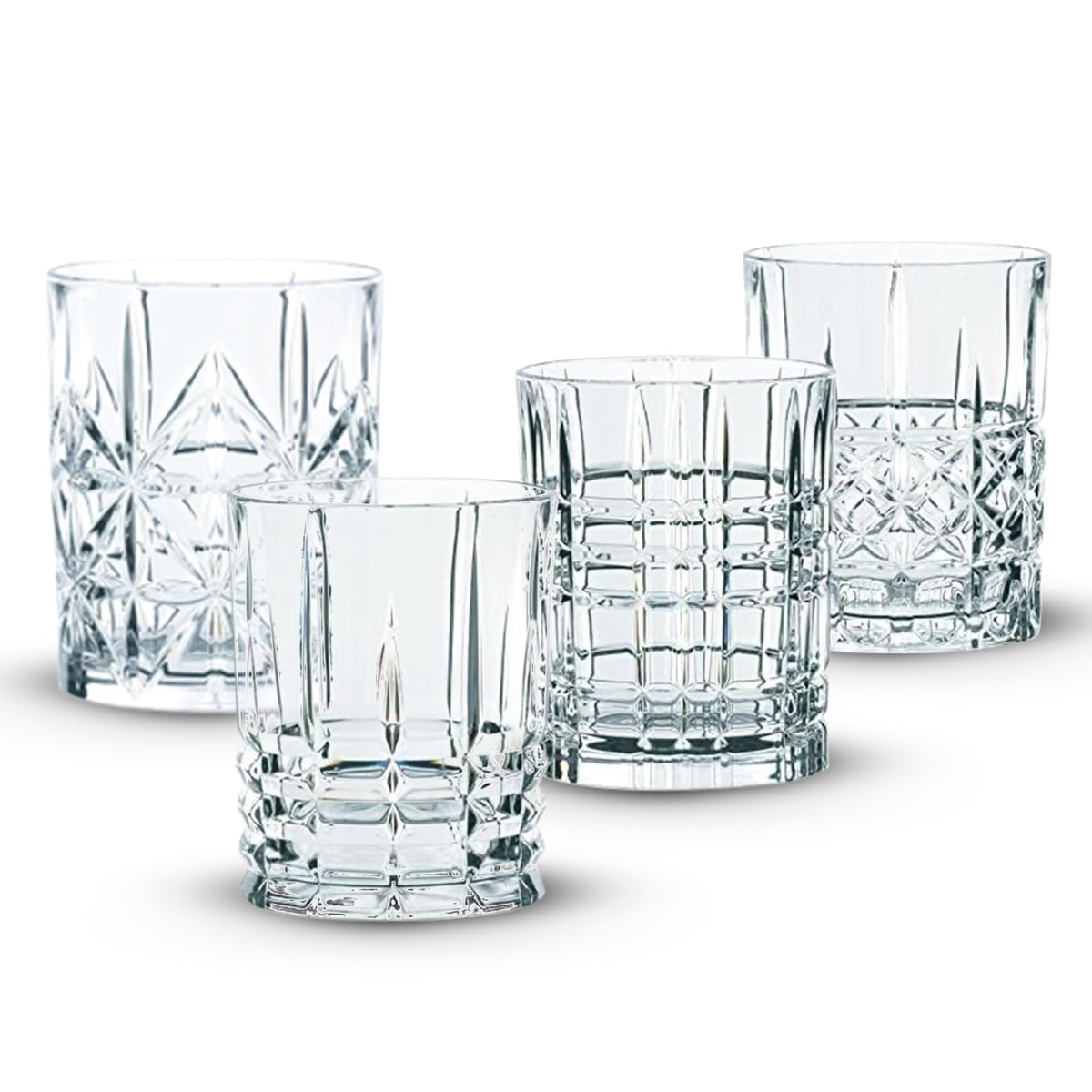 Nachtmann Highland Collection Crystal 6” Long Drink Glasses, Set of 4, With Different Glass Patterns, For Cocktails or Non- Alcoholic Beverages,445 ml, Dishwasher Safe